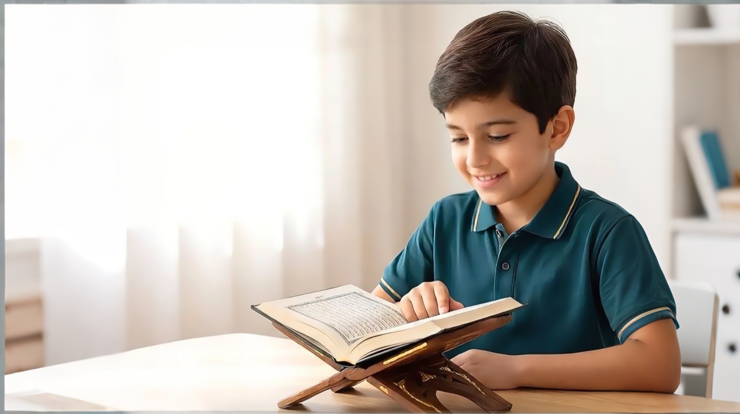 A young student enjoying an online Quran lesson at home